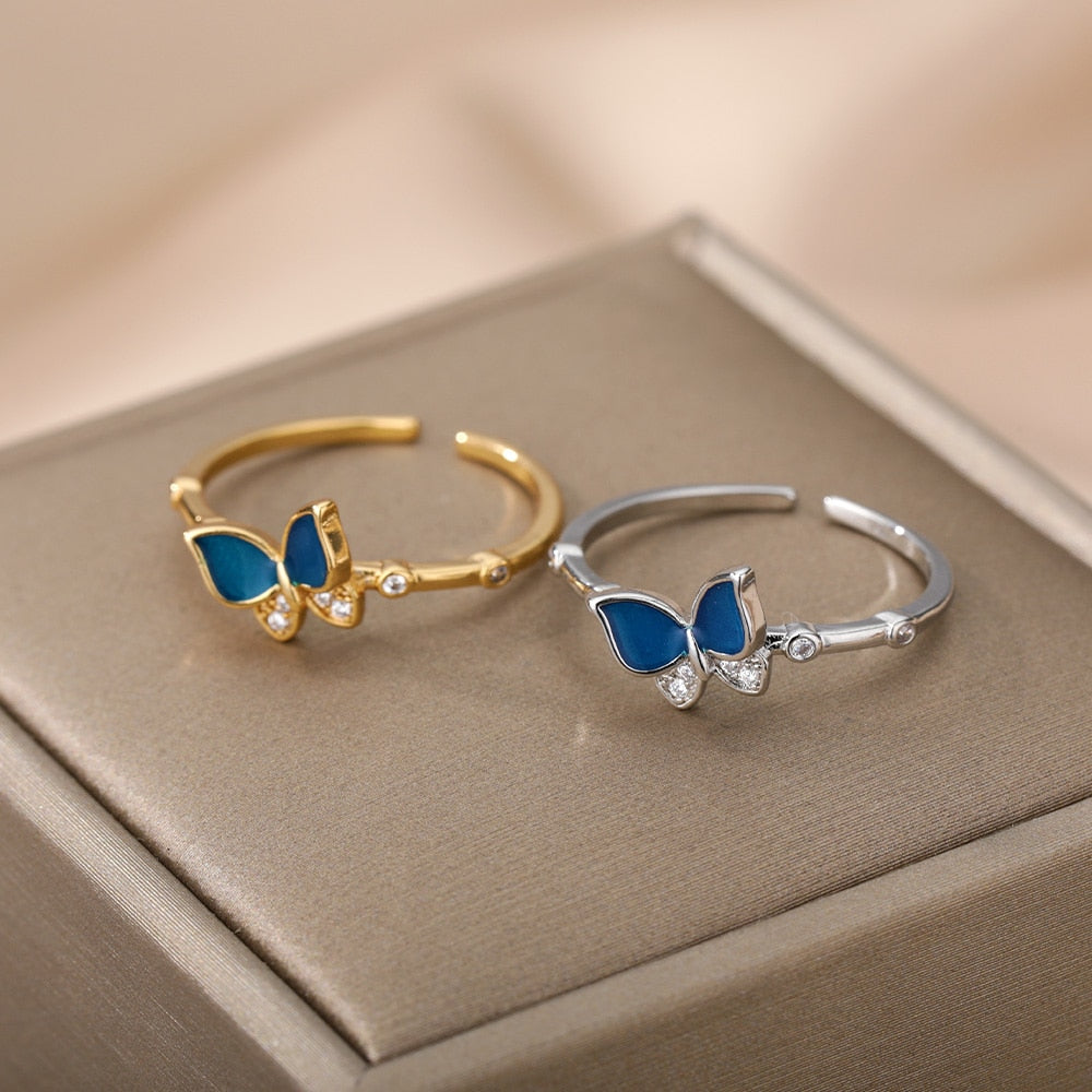 gold and silver and blue butterfly ring