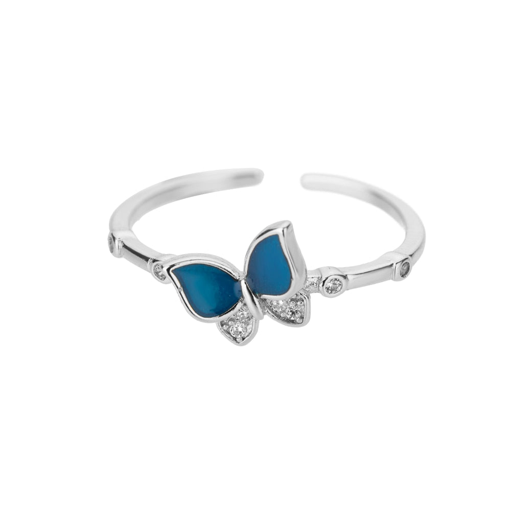silver and blue butterfly ring 